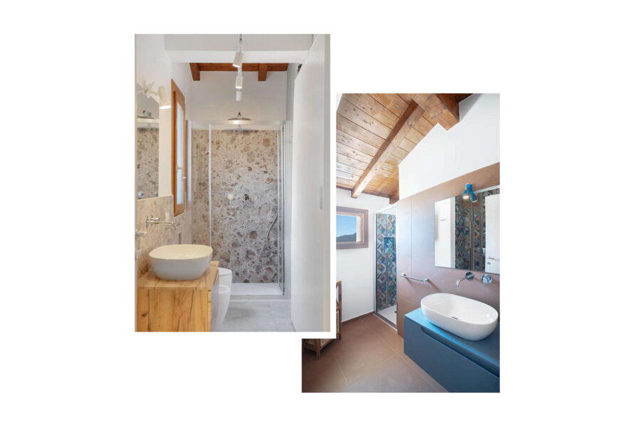 Modern, stylish bathrooms at Villa Belvedere, a stunning Sicily luxury villa with pool, showcasing natural stone finishes, wooden accents, and contemporary design.