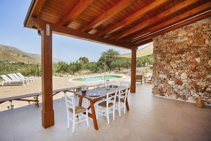 Scenic Outdoor Dining Area with Pool View at Villa Pietra Dorata – Sicily Luxury Villas